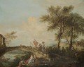 An Arcadian River Landscape With A Family And Their Animals Corssing A Bridge - (after) Francesco Zuccarelli