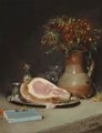 Still Life With Flowers And Ham - Antoine Vollon