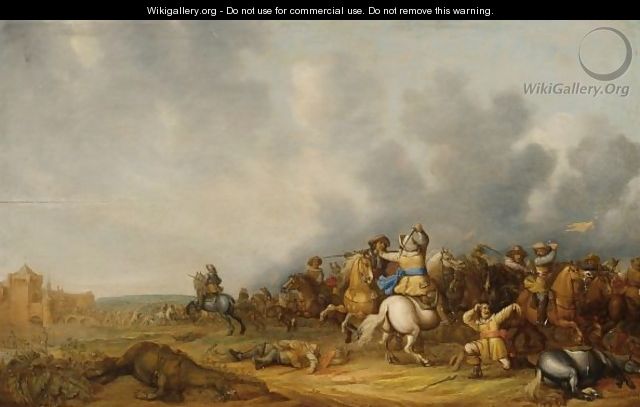 A Cavalry Skirmish With A Siege Of A Town Beyond - Abraham van der Hoef