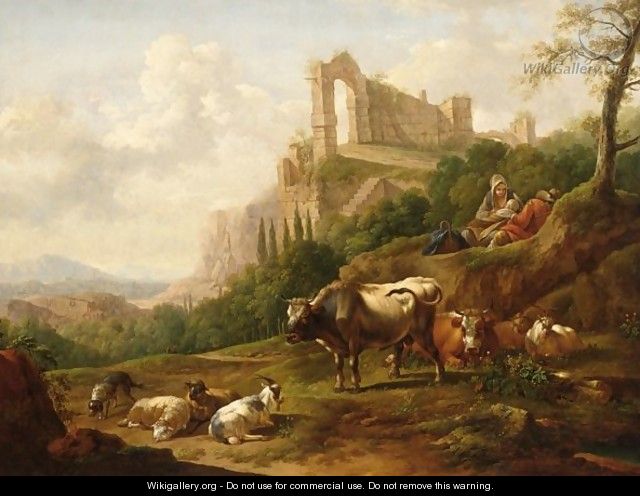 A Family Of Herdsmen And Their Cattle, With A Classical Ruin To The Background - Joseph Rosa or Roos