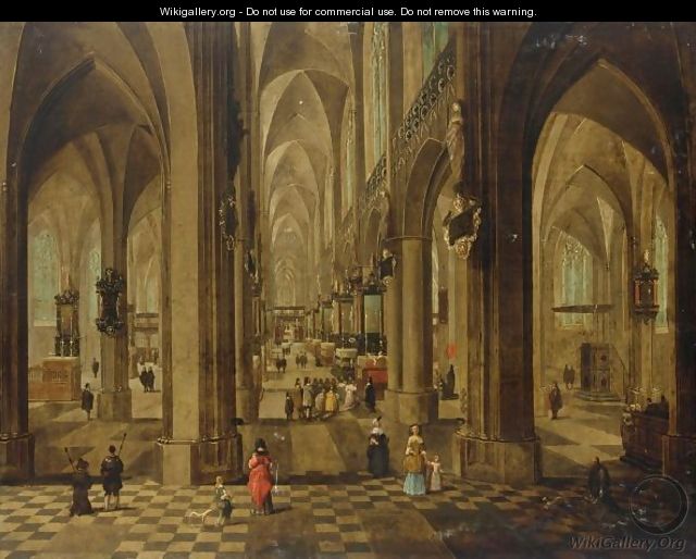 The Onze Lieve Vrouwe Cathedral In Antwerp With A Service In The Side Chapel And Elegant Dressed Figures To The Foreground - Pieter the Younger Neefs