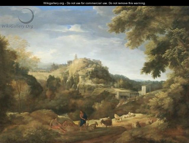 A View Of Tivoli With Shepherds Resting With Their Flock In The Foreground - (after) Gaspard Dughet