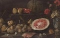 Still Life With Plums, Passionfruit, Cherries, Watermelon And A Vase Of Flowers - Giovanni Battista Ruoppolo