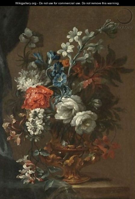 A Still Life With A Bouquet Of Flowers In A Bronze Urn On A Stone Ledge - (after) Jean Baptiste Belin De Fontenay