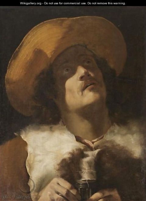 A Study Of A Young Man, Head And Shoulders, Wearing A Brown Fur Lined Cloak And A Straw Hat - North-Italian School