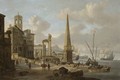 A Capriccio Of A Mediterranean Harbour With Roman Ruins And Men Unloading Cargo In The Foreground - Abraham Storck