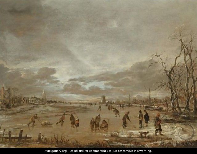 A Winter Landscape With Skaters And Kolf Players On A Frozen River - Aert van der Neer