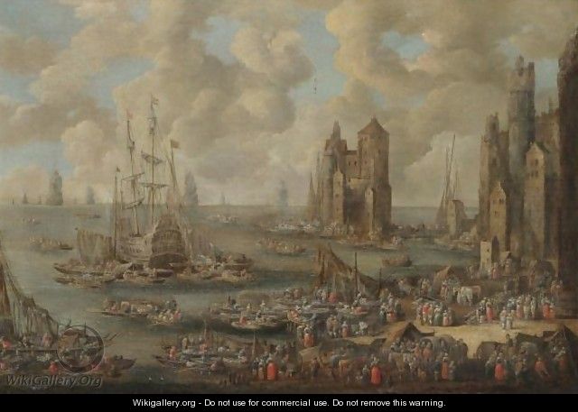 A Busy Harbour With Numerous Merchants And Fishermen - Pieter Casteels
