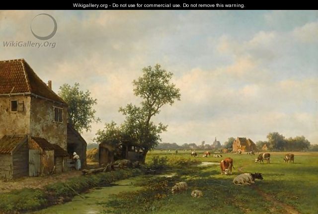 A Sunny Landscape With Cattle Near A Farm - Willem Vester