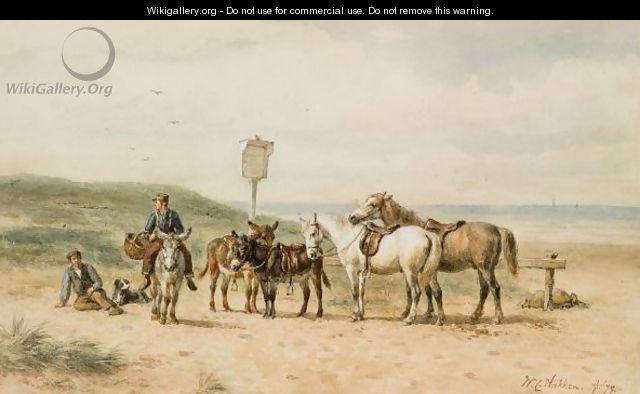 Horses And Donkeys On The Beach - Willem Carel Nakken