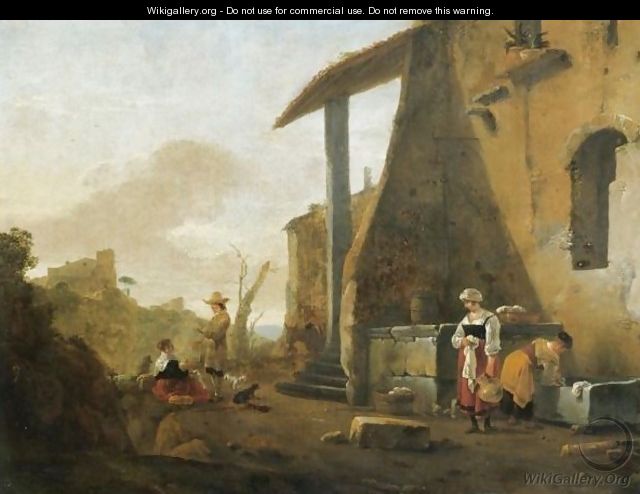 An Italianate Landscape With Figures Beside A Well Before A Villa - Thomas Wyck