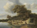 A River Landscape With Figures In Rowing Boats And An Elegant Couple On The River Bank - Hendrick Van Der Straaten