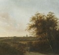 An Extensive Landscape With A Man And His Dog On A Sandy Road, The Hague In The Distance - Anthony Jansz van der Croos