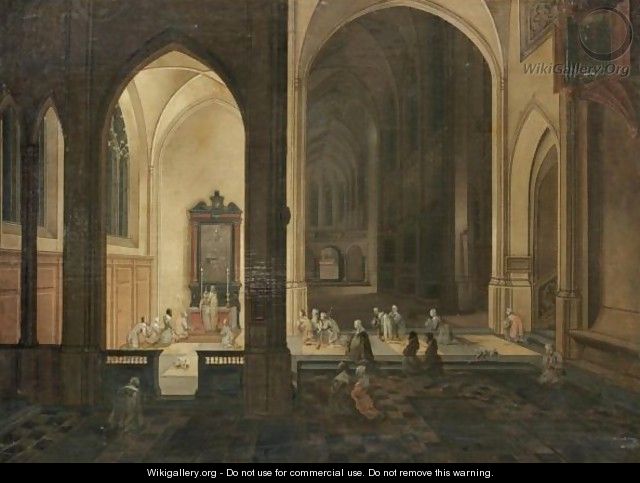 The Interior Of A Gothic Church By Night, With A Priest Conducting A Service In A Side Chapel - (after) Pieter The Younger Neefs