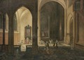 The Interior Of A Gothic Church By Night, With A Priest Conducting A Service In A Side Chapel - (after) Pieter The Younger Neefs