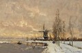 Windmills In A Snow Covered Landscape - Fredericus Jacobus Van Rossum Chattel