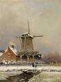Figures By A Windmill In A Snow Covered Landscape - Louis Apol