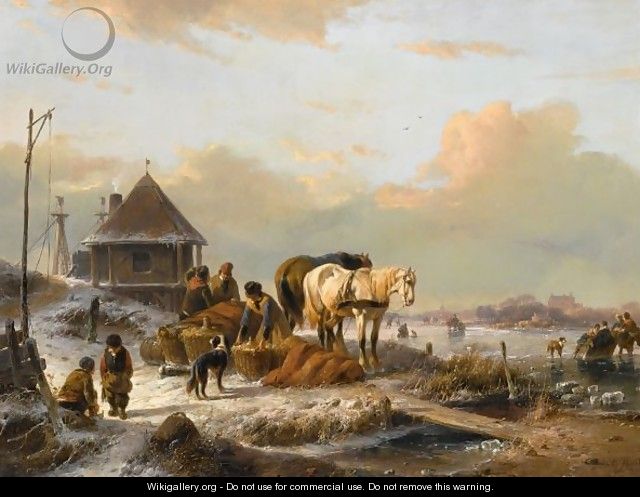 A Winter Landscape With Figures Loading A Horse Sleigh - Andreas Schelfhout