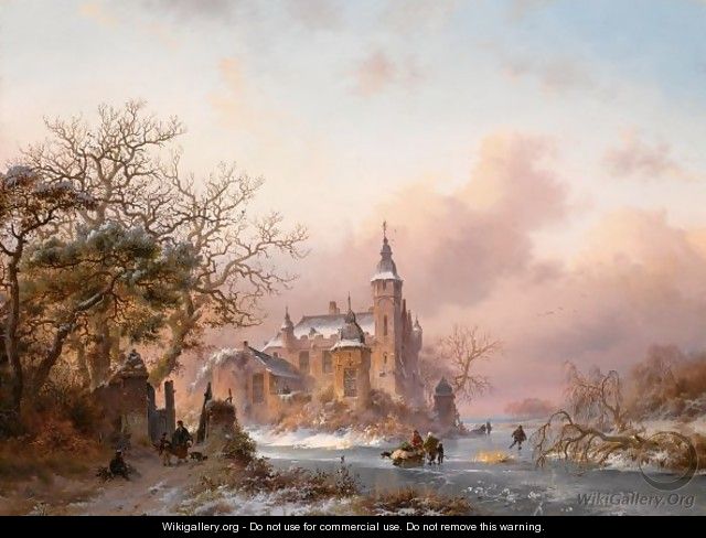 Figures On A Frozen Waterway, A Snow Covered Castle In The Background - Frederik Marianus Kruseman