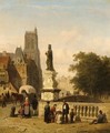 A View Of A Town In Summer With Town Folk Near A Bridge - Cornelis Springer