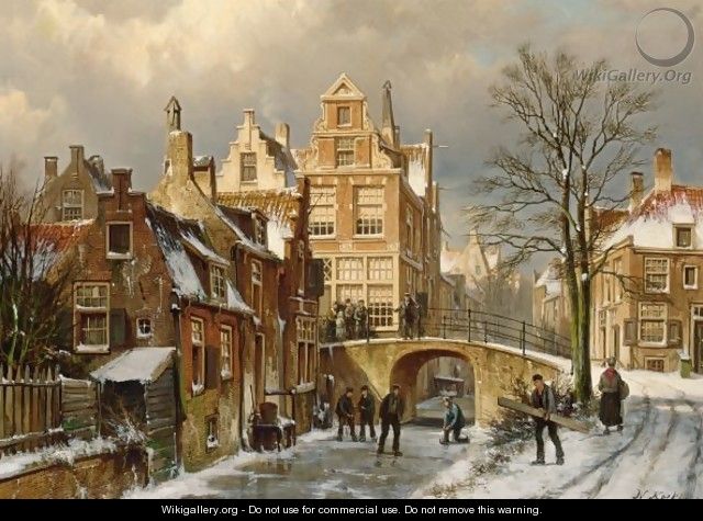 Figures On A Frozen Canal In A Dutch Town - Willem Koekkoek