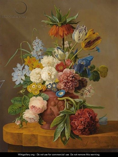 Flowers In A Vase On A Marble Ledge - Anthony Oberman