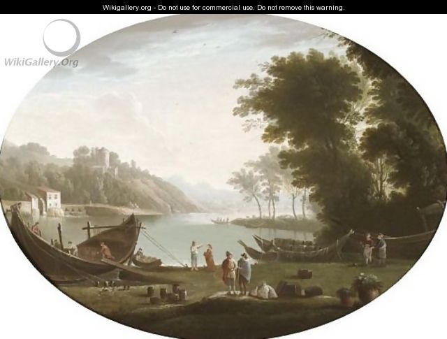 A River Landscape With Figures Loading A Barge In The Foreground - Italian School