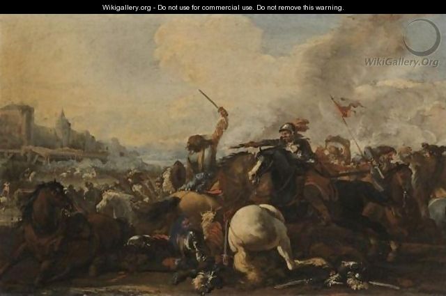 A Cavalry Battle Before A Fortified Town - (after) Jacques (Le Bourguignon) Courtois