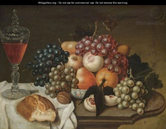 A Still Life With Grapes, Peaches, An Orange, A Bun And A Glass Of Win On A Table - (after) William Sartorius
