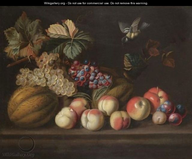 A Still Life With A Melons, Grapes, Peaches, Apples And A Bluetit - (after) Jakob Bogdany