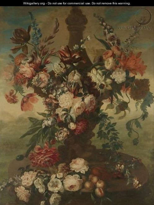 Still Life With Roses, Tulips, Irises, Lilies And Various Other Flowers In An Urn In A Landscape - Flemish School