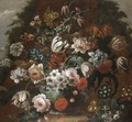 A Still Life Of Flowers In A Blue And White Porcelain Vase, With Parrot Tulips And Roses - Flemish School