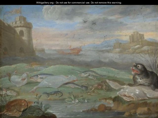 A Coastal Landscape With A Still Life With A Seal And A Lizard Together With A Squid And Various Other Fish - (after) Jan Van Kessel
