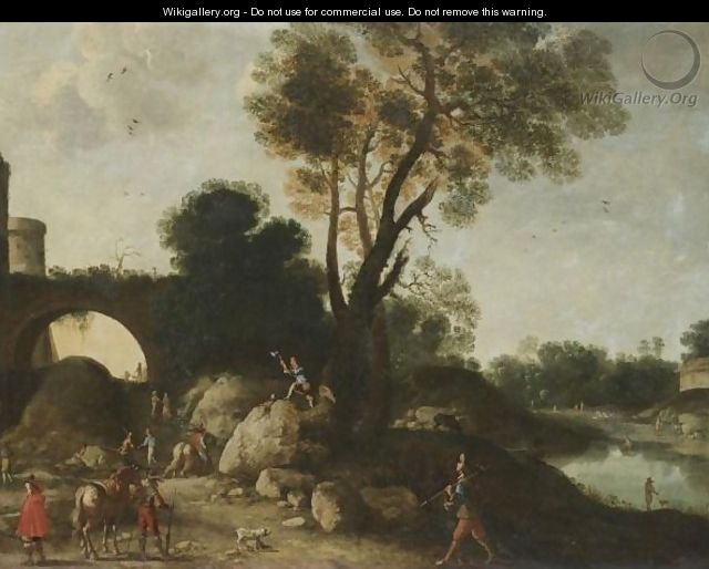 A Classical Landscape With Cavaliers In The Foreground, A Woodcutter Felling A Tree Beyond - (after) Filippo (Il Napoletano) D