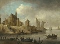 A River Landscape With A Rowing Boat Unloading It's Cargo Below The Walls Of A Town, A Church Beyond - (after) Jan Van Goyen