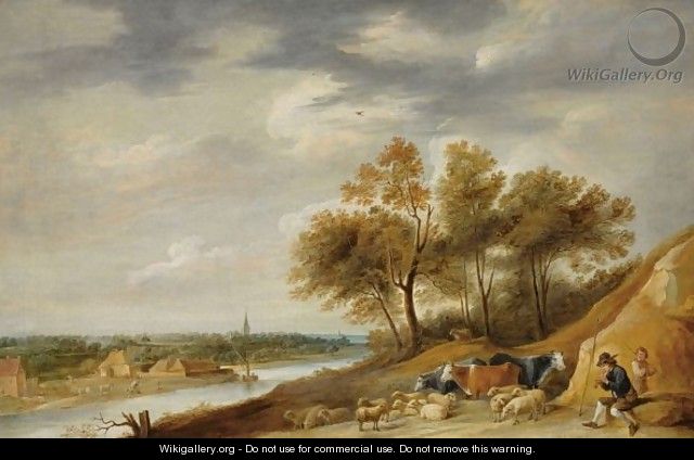 A Panoramic River Landscape With Shepherds Resting With Their Herd On A Bank, With One Shepherd Playing The Flute - (after) David The Younger Teniers