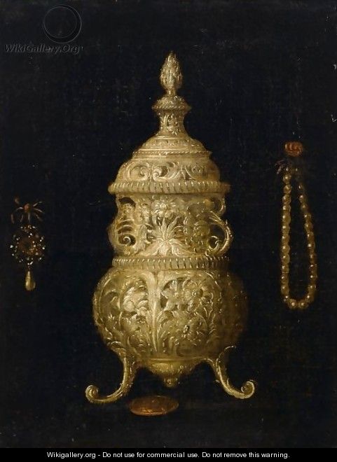 A Still Life With A Silver Perfume Burner, A Brooch And A Pearl Necklace - Pieter Gerritsz. van Roestraeten
