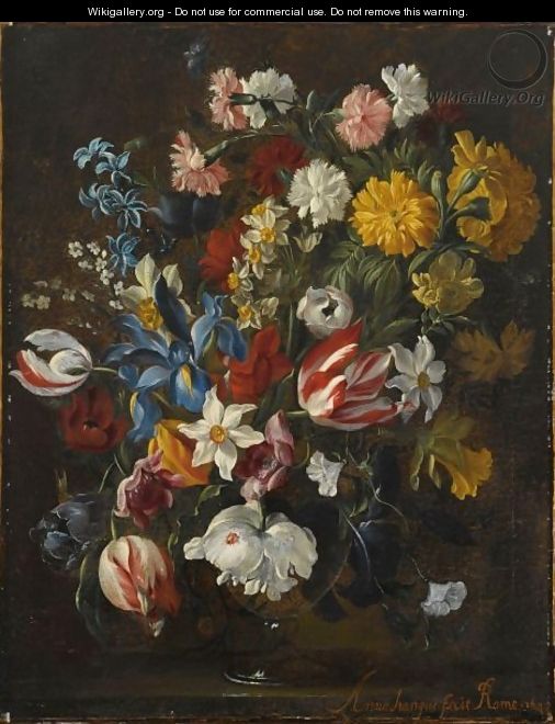 A Still Life With Tulips, Irises, Daffodils, Carnations, Hyacinths And Other Flowers, All In A Glass Vase On A Stone Ledge With A Ladiebug - Anna Stangui
