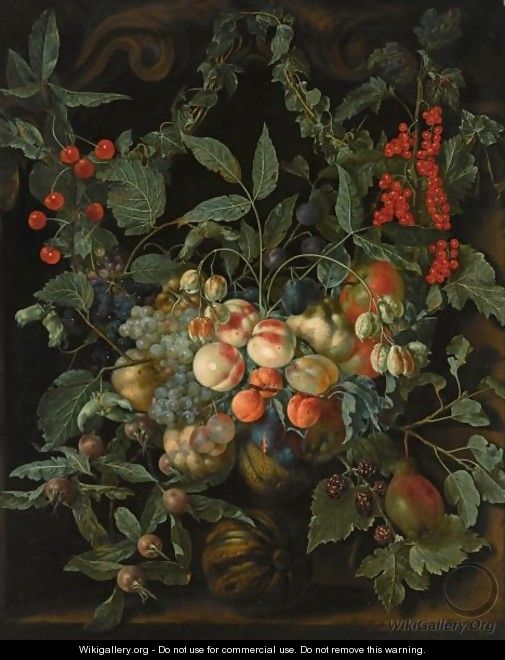 A Still Life With A Garland Of Peaches, Pears, Melons, Plums, Apricots, Grapes, Apples, Berries And Cherries - Jan van Kessel