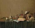 A Vanitas Still Life Of Books, A Candlestick, An Ink Well, An Hour-Glass, A Glass Bottle, A Flute, A Skull And Other Objects - Gerrit Van Vucht