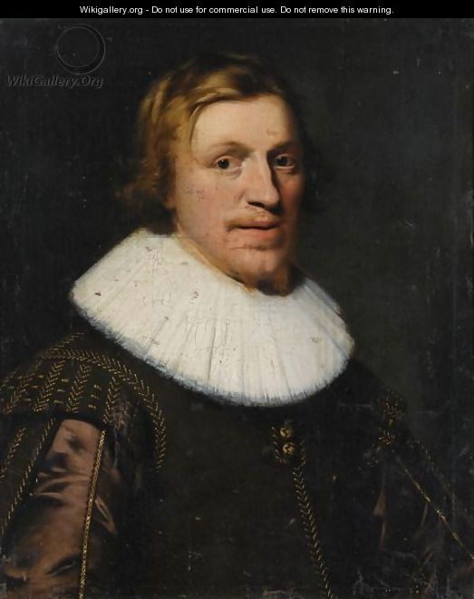 A Portrait Of A Young Gentleman, Bust Length, Wearing A Brown Gold-Embroidered Suit With A White Collar - Wybrand Simonsz. de Geest