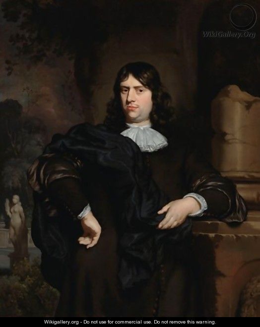 A Portrait Of A Gentleman, Standing Three-Quarter Length, Wearing A Black Coat With A White Collar And A Black Cloak - Nicolaes Maes