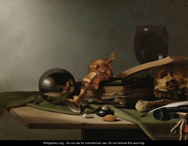 A Vanitas Still Life With A Silver-Gilt Cup, Shells, Books, A Quill, An Inkwell, A Skull - (after) Pieter Claesz