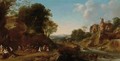An Extensive Italianate Landscape With A Bacchanale, Other Bacchantes On A Bridge In The Background Near Ruins On A Hill - Dirck van der B Lisse