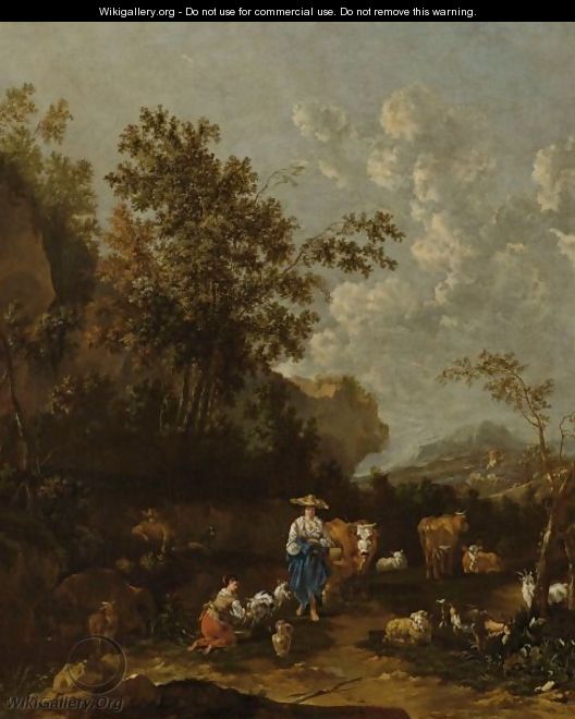 A Wooded Italianate Landscape With Shepherds, A Shepherdess Milking A Goat, Surrounded By Their Herd Of Cows - Jan Van Der Bent