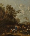 A Wooded Italianate Landscape With Shepherds, A Shepherdess Milking A Goat, Surrounded By Their Herd Of Cows - Jan Van Der Bent