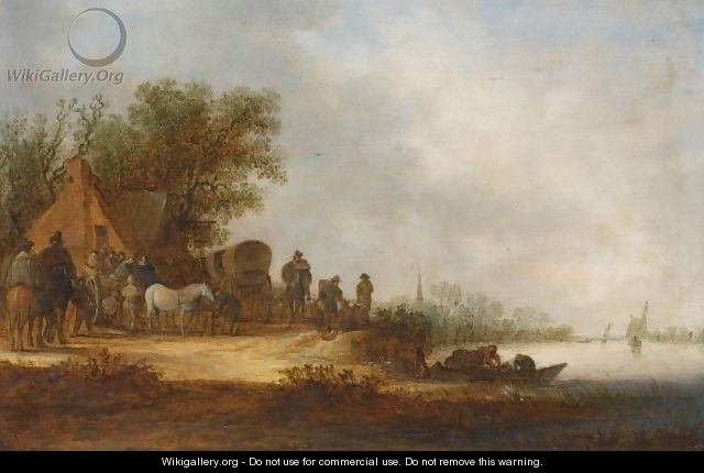 A River Landscape With Travellers With Their Horse-Drawn Carriages And Wagons Halting At An Inn - Jan van Goyen