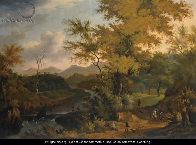 An Extensive Wooded River Landscape With Fishermen Near A River, And Sportsmen And Travellers On A Path - Timotheus De Graef