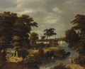 A Wooded River Landscape With Several Men Bathing, Travellers On A Path To The Left - Jan Looten