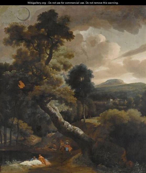 A Wooded Hilly Landscape With Figures Resting Near A Stream, Horsemen On A Path Nearby, A View Of A Town Beyond - (after) Jacob Esselens